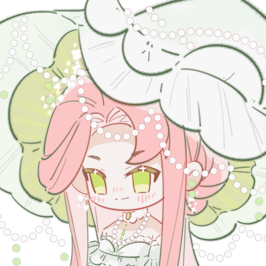 1girl, bare_shoulders, bead_necklace, beads, choker, closed_mouth, commentary, dress, earrings, flower, flower_earrings, frilled_dress, frilled_headwear, frilled_sleeves, frills, green_dress, green_eyes, green_hat, hair_beads, hair_bun, hair_ornament, happy, hat, highres, infinity_nikki, jewelry, lace, lace_choker, lianzi_(pixiv_11900096), light_blush, long_hair, long_sidelocks, looking_ahead, necklace, nikki_(nikki), nikki_(series), off-shoulder_dress, off_shoulder, pink_hair, rainfall_&amp;_blossoms_(infinity_nikki), sidelocks, simple_background, single_hair_bun, smile, solo, sphere_earrings, straight_hair, tsurime, untranslatable_commentary, upper_body, very_long_hair, white_background, white_choker, white_flower, witch_hat