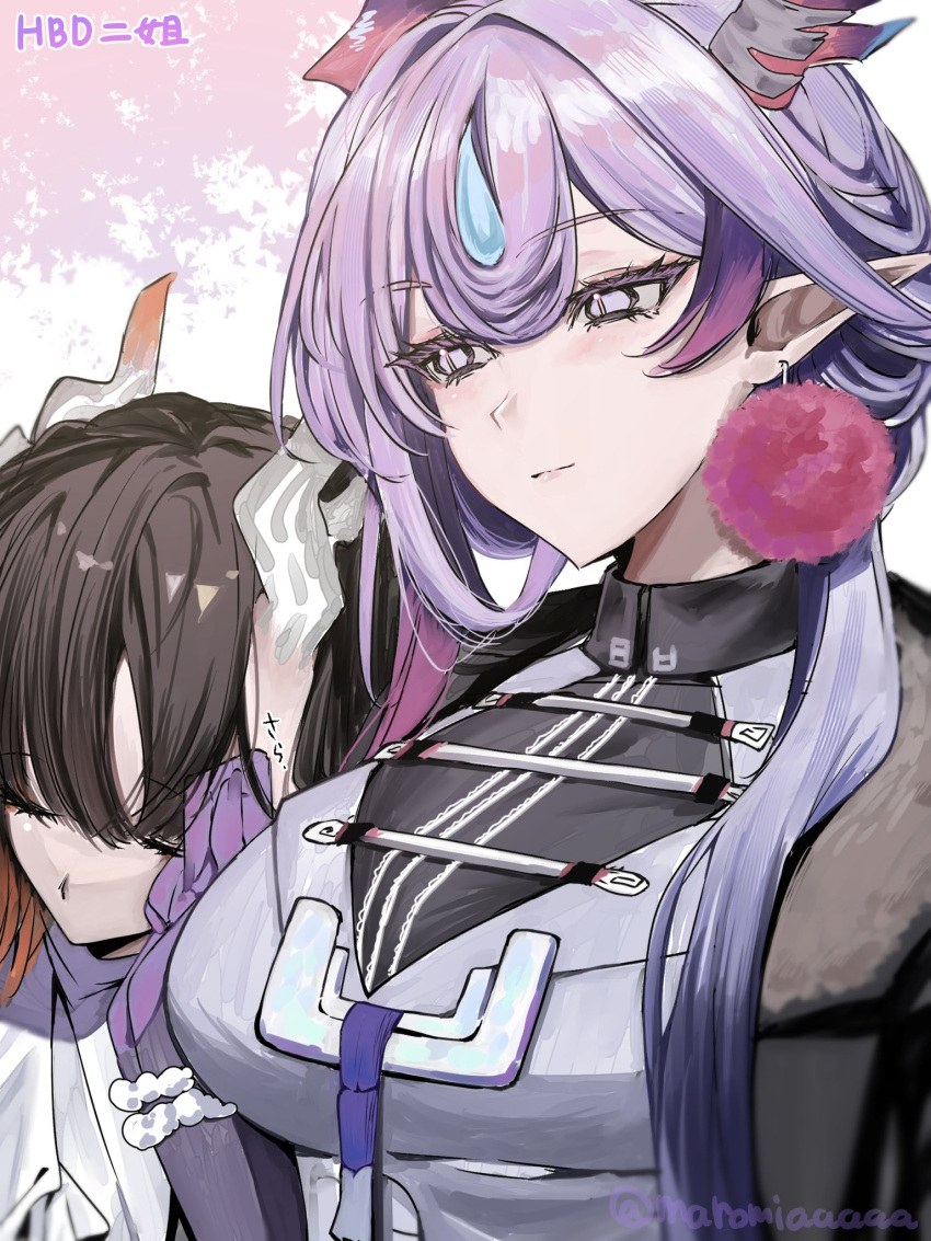 2girls, arknights, black_hair, breasts, closed_mouth, commentary_request, dragon_girl, dragon_horns