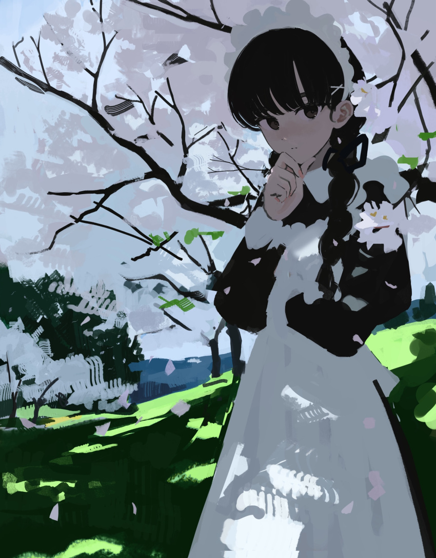 1girl, abstract_background, apron, black_dress, black_eyes, black_hair, blending, blunt_bangs