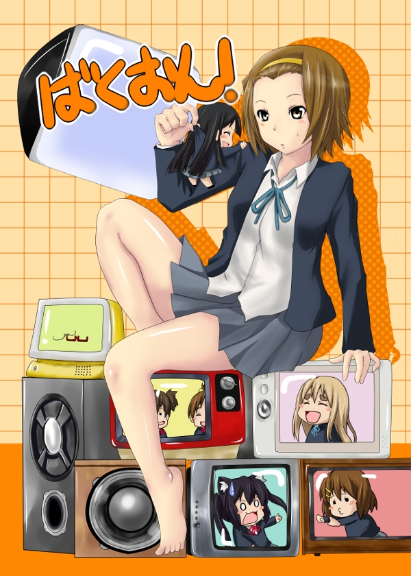 akiyama_mio, animal_ears, barefoot, black_hair, blonde_hair, brown_eyes, brown_hair, cat_ears