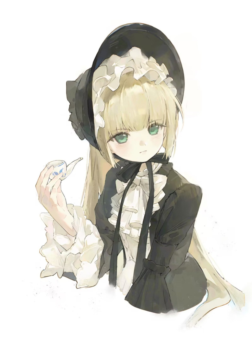 1girl, ascot, blonde_hair, bonnet, bow, bowtie, eggplant_(dadamiao), expressionless