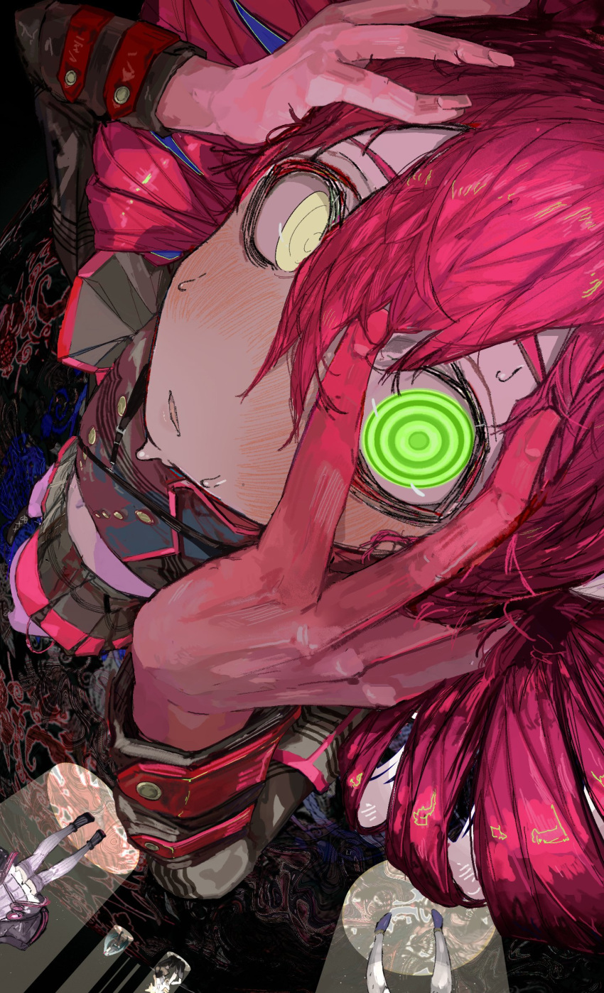 1girl, @_@, drill_hair, from_above, gaku, green_eyes, grey_shirt, grey_sleeves