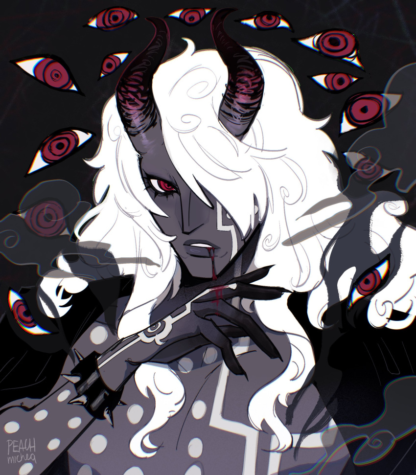 1boy, blood, blood_from_mouth, bracelet, chest_markings, chromatic_aberration, commentary, extra_eyes