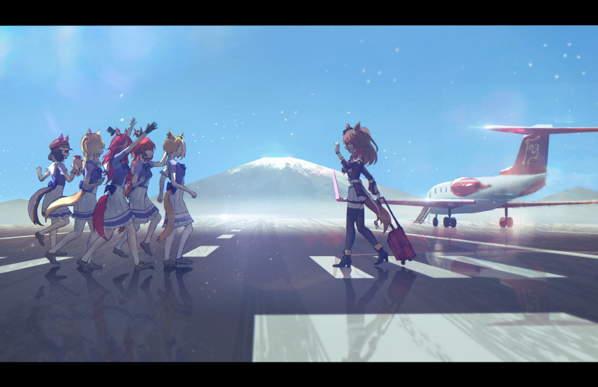 6+girls, absurdres, advarcher, aircraft, airplane, airport, animal_ears, black_boots, black_gloves, blue_sky, boots, bow, bowtie, breasts, brown_hair, casino_drive_(umamusume), commentary, ear_covers, ears_through_headwear, english_commentary, espoir_city_(umamusume), fedora, forever_young_(umamusume), gloves, hair_between_eyes, hand_puppet, hat, highres, horse_ears, horse_girl, horse_tail, jacket, jewelry, letterboxed, long_hair, loves_only_you_(umamusume), marche_lorraine_(umamusume), multicolored_hair, multiple_girls, open_mouth, orange_hair, outdoors, puffy_short_sleeves, puffy_sleeves, puppet, purple_bow, purple_bowtie, purple_shirt, red_desire_(umamusume), red_hair, red_jacket, red_streaks, red_veil, rolling_suitcase, sailor_collar, school_uniform, shirt, short_hair, short_sleeves, skirt, sky, smile, streaked_hair, suitcase, sunglasses, tail, thigh-highs, tinted_eyewear, tracen_school_uniform, umamusume, veil, white_sailor_collar, white_skirt, white_thighhighs