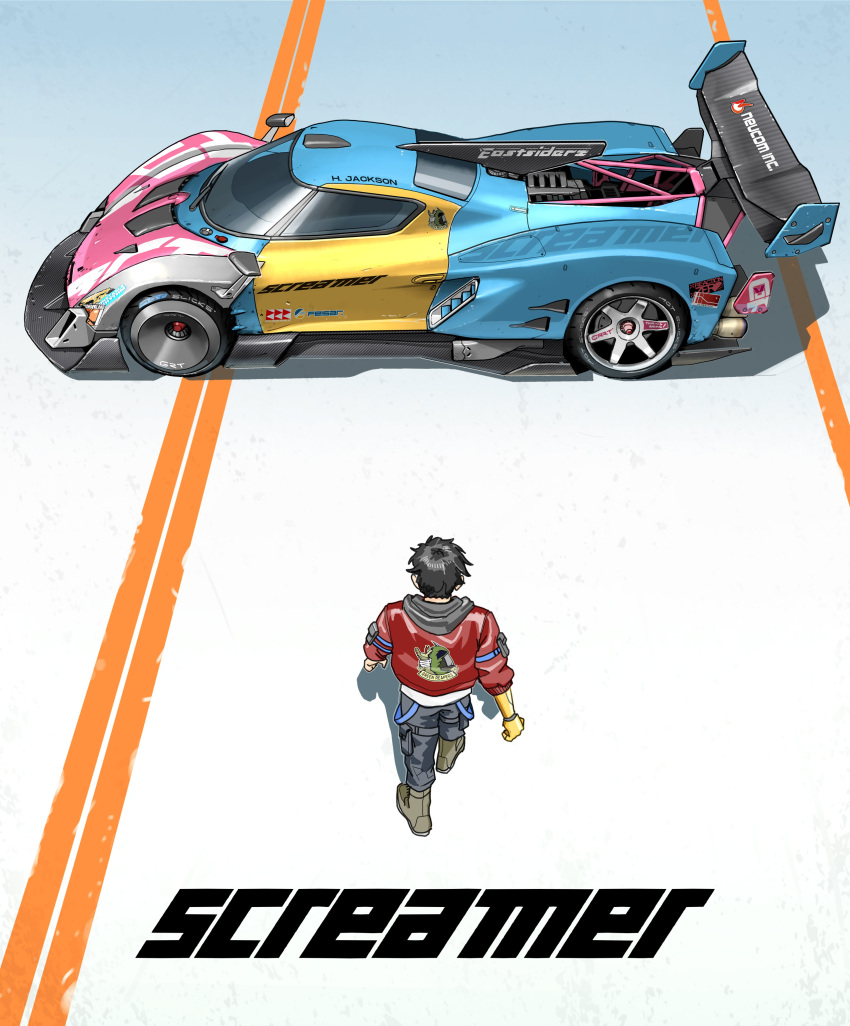 1boy, absurdres, akira_movie_poster, asterozoa, black_hair, black_pants, blue_car, boots, car, copyright_name, english_commentary, grey_boots, grey_hoodie, highres, hiroshi_(screamer), hood, hood_down, hoodie, jacket, male_focus, mechanical_arms, motor_vehicle, pants, parody, race_vehicle, racecar, red_jacket, screamer_(2026), shadow, single_mechanical_arm, spoiler_(automobile), vehicle_focus, walking
