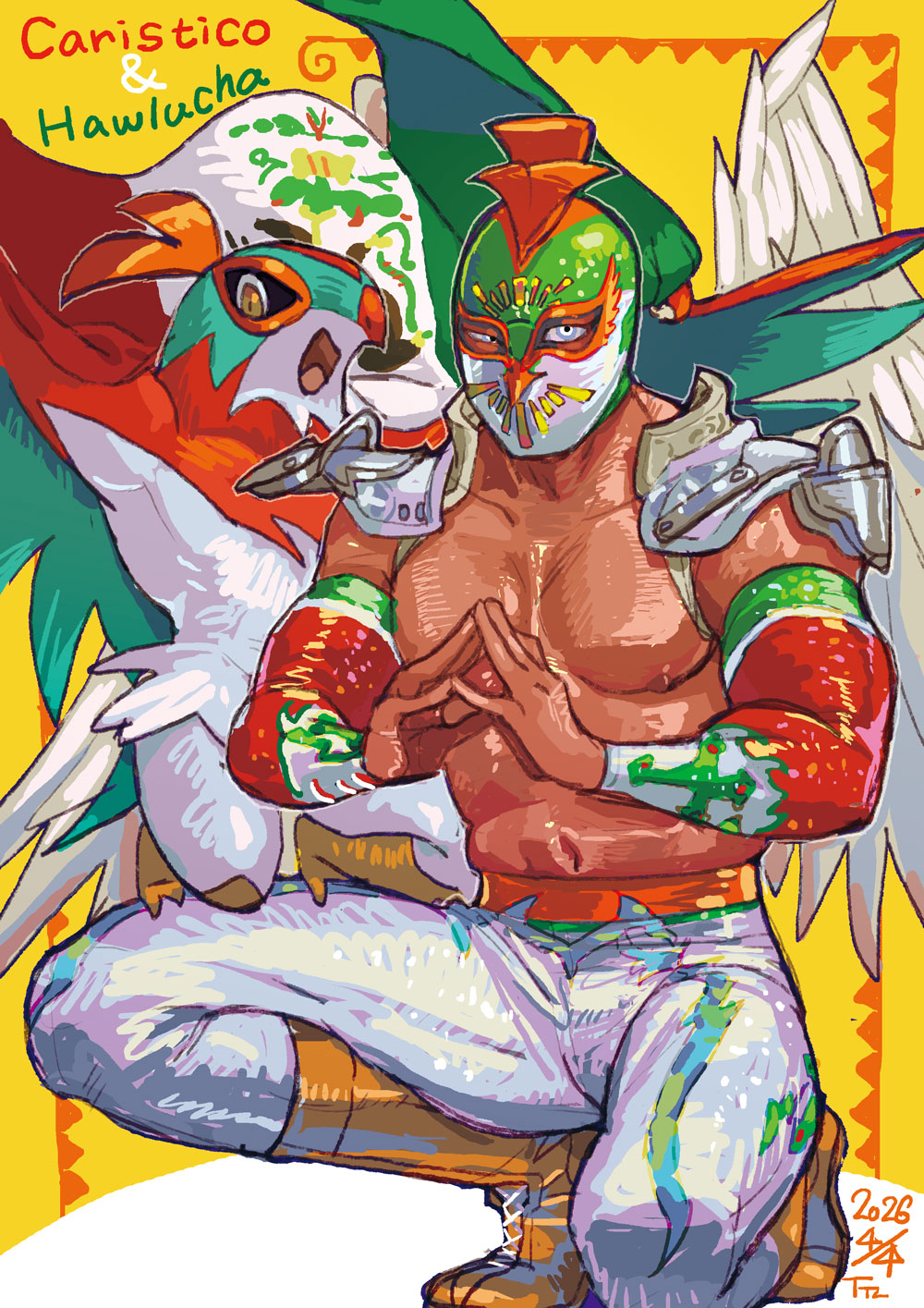 1boy, 2026, armor, black_sclera, boots, character_name, colored_sclera, crossover, detached_sleeves, fake_wings, feathers, full_body, hawlucha, highres, kurokodairu, luchador, luchador_mask, mask, mexican_flag, mexico, mistico, multicolored_mask, multicolored_sleeves, muscular, muscular_male, no_shirt, open_mouth, pants, pauldrons, pokemon, pokemon_(creature), real_life, shoulder_armor, white_eyes, white_feathers, white_pants, wings, yellow_background, yellow_boots, yellow_eyes