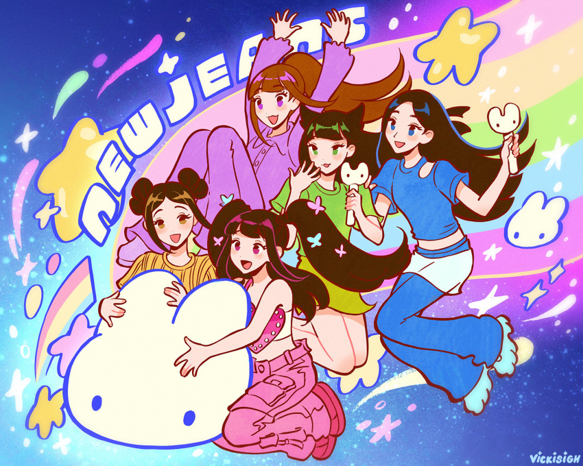 5girls, animification, black_hair, brown_eyes, brown_hair, cartoonized, copyright_name, double_bun