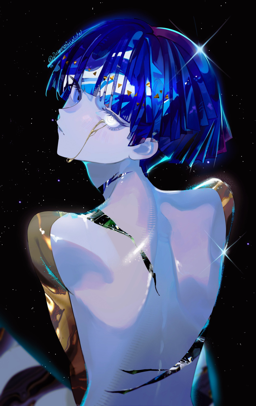 1other, absurdres, blue_eyes, blue_hair, colored_skin, cracked_skin, crying, crystal_hair, glowing, glowing_eye, gold, golden_arms, heterochromia, highres, houseki_no_kuni, other_focus, parai0, phosphophyllite, phosphophyllite_(gemstone), phosphophyllite_(ll), scar, scar_on_neck, see-through_hair, shiny_skin, short_hair, sky, solo, star_(sky), starry_sky, starry_sky_background, streaming_tears, striped_skin, tears, white_eyes, white_skin