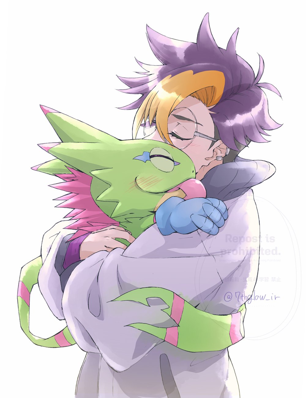 1boy, blonde_hair, blue_hair, blush, closed_eyes, digimon, digimon_beatbreak, gecko
