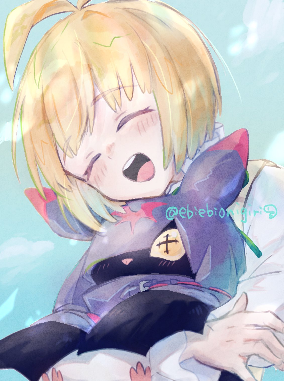 1boy, bat_(animal), blonde_hair, blush, chiropmon, closed_eyes, digimon, digimon_(creature)