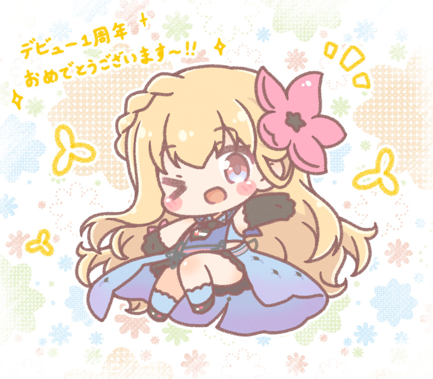 >_o, 1girl, ;d, amanohoshi_chiroru, asymmetrical_gloves, black_gloves, black_shoes, blonde_hair