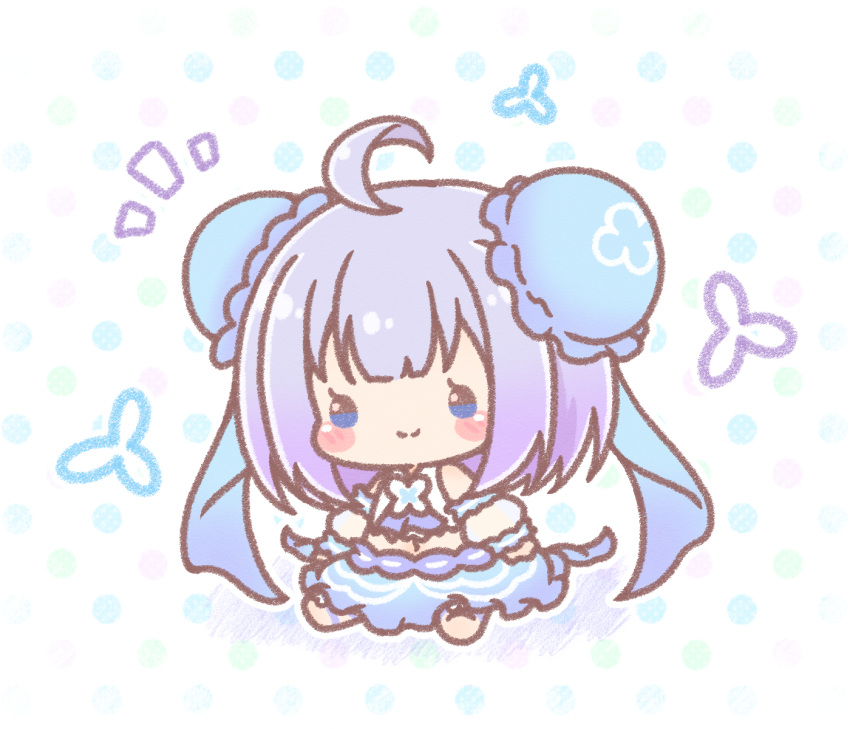 1girl, ahoge, barefoot, blue_eyes, blue_skirt, blush_stickers, bun_cover, chibi