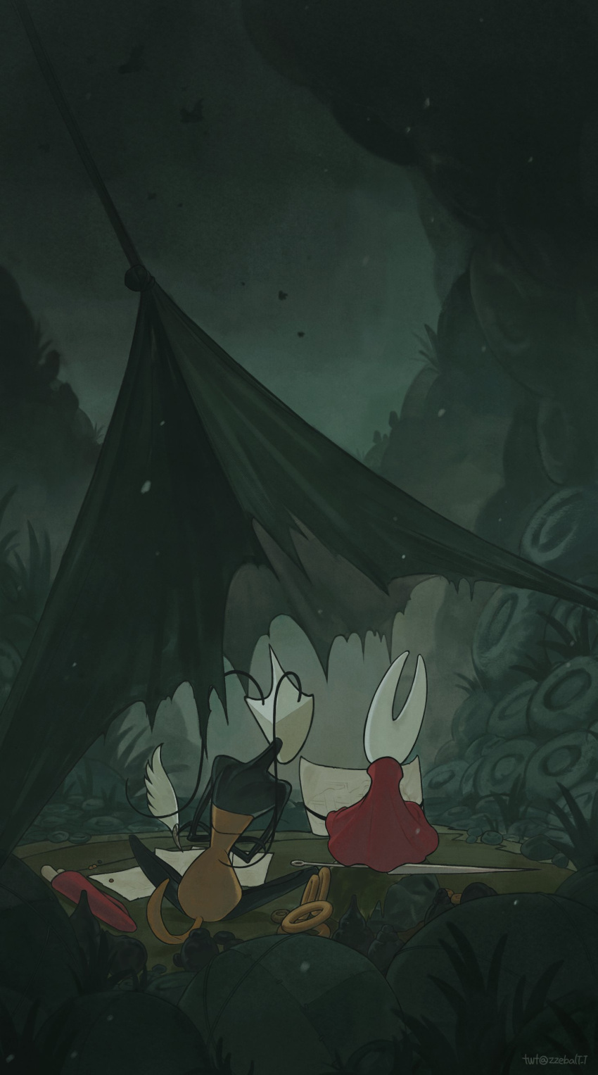 2girls, absurdres, antennae, arthropod_girl, black_skin, bracelet, cloak, colored_skin, crossed_arms, from_behind, full_body, grass, highres, holding, holding_map, holding_quill, hollow_knight, hollow_knight:_silksong, horned_mask, hornet_(hollow_knight), horns, jewelry, looking_at_map, map, map_(object), mask, multiple_girls, outdoors, overcast, quill, red_cloak, rock, shakra_(hollow_knight), single_horn, sitting_on_weapon, sky, tail, weapon, wetland, white_mask, zzebalt_t