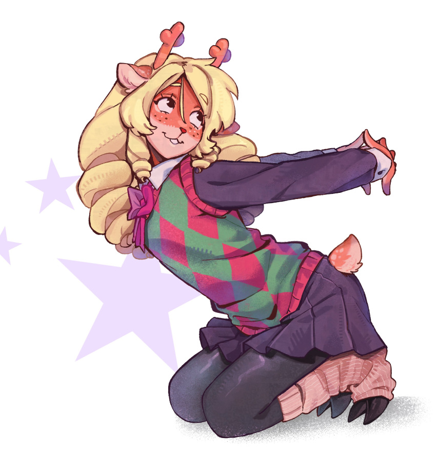 1girl, absurdres, antlers, arms_behind_back, black_pantyhose, black_shirt, black_skirt, blonde_hair, brown_leg_warmers, checkered_sweater_vest, collar, deer_tail, deltarune, green_sweater_vest, highres, hooves, horns, leg_warmers, looking_back, miniskirt, neckerchief, noelle_holiday, pantyhose, purrpranolol, red_neckerchief, red_sweater_vest, reindeer_antlers, reindeer_girl, seiza, shirt, sitting, skirt, smile, solo, star_(symbol), star_symbol_background, steepled_fingers, sweater_vest, tail, utdr_(toby_fox), white_background, white_collar, white_wrist_cuffs, wrist_cuffs