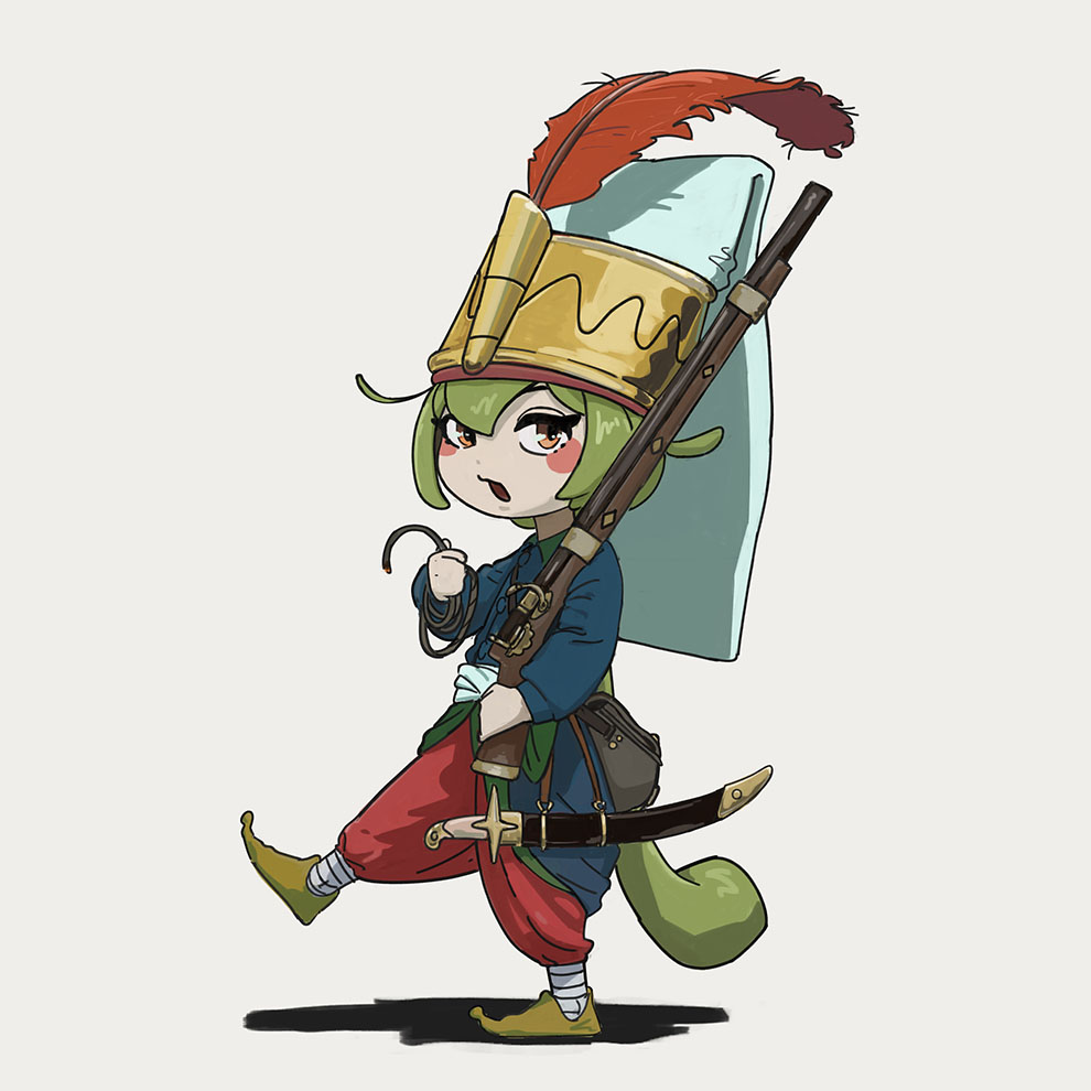 1girl, ankle_wrap, antique_firearm, arquebus, bag, blue_coat, blush, bork_hat