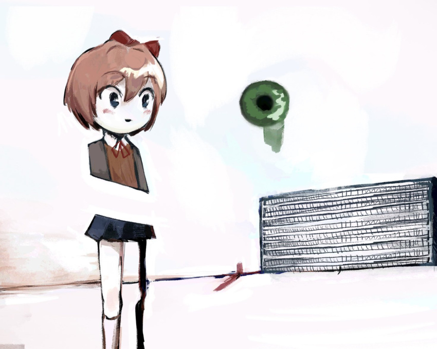 abstract, blue_skirt, bow, building, disembodied_eye, doki_doki_literature_club, kikuo, pale_skin