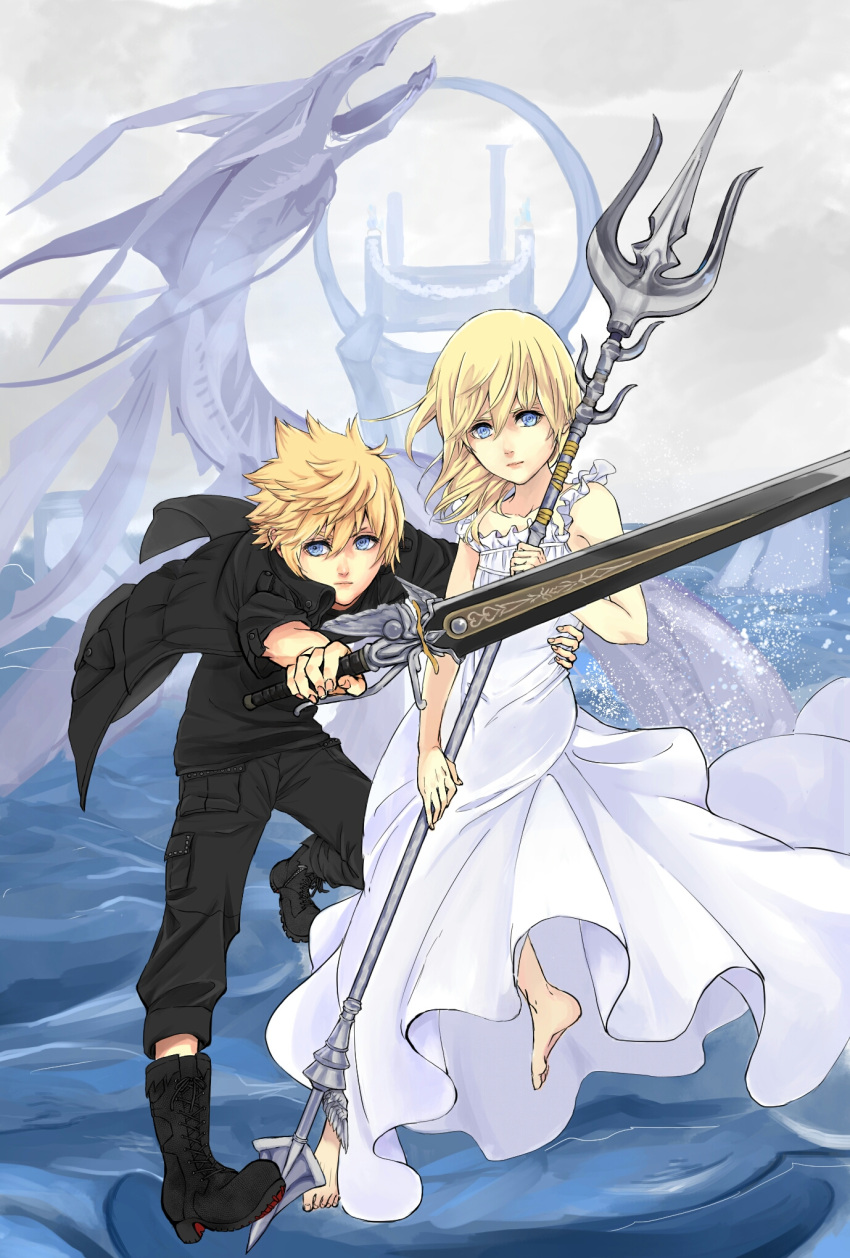 1boy, 1girl, barefoot, black_jacket, blonde_hair, boots, cosplay, couple