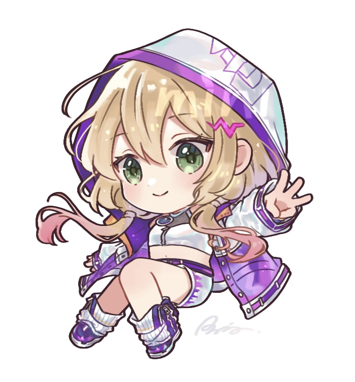 1girl, ahoge, belt, blonde_hair, blush, chibi, elle_(monster_strike), gradient_hair, hair_ornament, hood, hoodie, loose_socks, low_twintails, midriff, monster_strike, multicolored_hair, navel, pink_hair, raria_(reisui25_raria), shorts, smile, socks, solo, twintails, white_hoodie