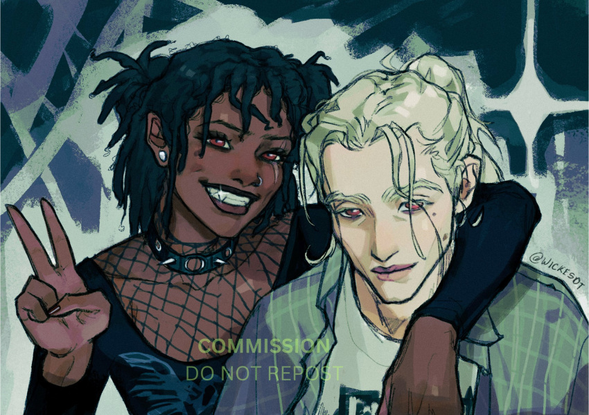 2girls, arm_around_neck, black_hair, blonde_hair, collar, commentary, commission, dark-skinned_female