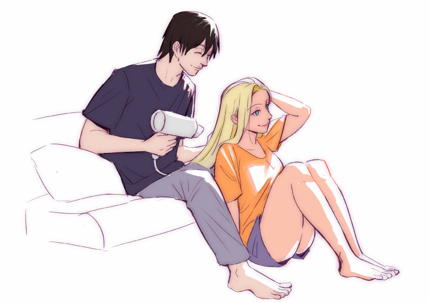 1boy, 1girl, absurdres, bare_arms, bare_legs, barefoot, black_hair, blonde_hair, blue_eyes, boruto:_naruto_next_generations, boruto_(series), closed_eyes, couch, couple, feet, foot_focus, hair_dryer, highres, husband_and_wife, knees_up, legs_together, light_smile, lips, lipstick, makeup, naruto:_the_last, naruto_(series), naruto_shippuuden, on_couch, pajamas, pale_skin, pink_lips, sai_(naruto), shirt, short_shorts, shorts, sitting, smile, t-shirt, thighs, toes, xmonday_mintx, yamanaka_ino