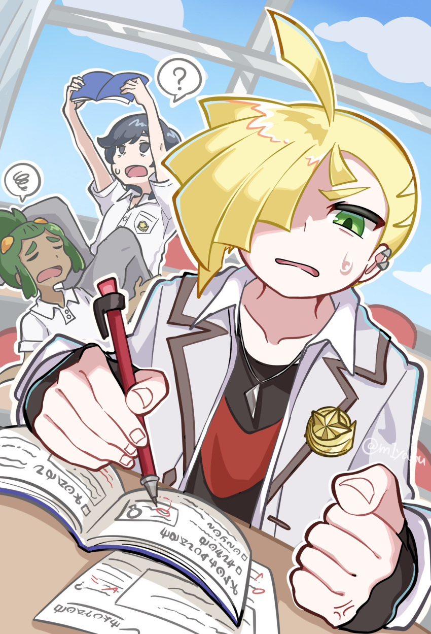 3boys, ?, alternate_costume, anger_vein, blonde_hair, book, closed_eyes, dark-skinned_male
