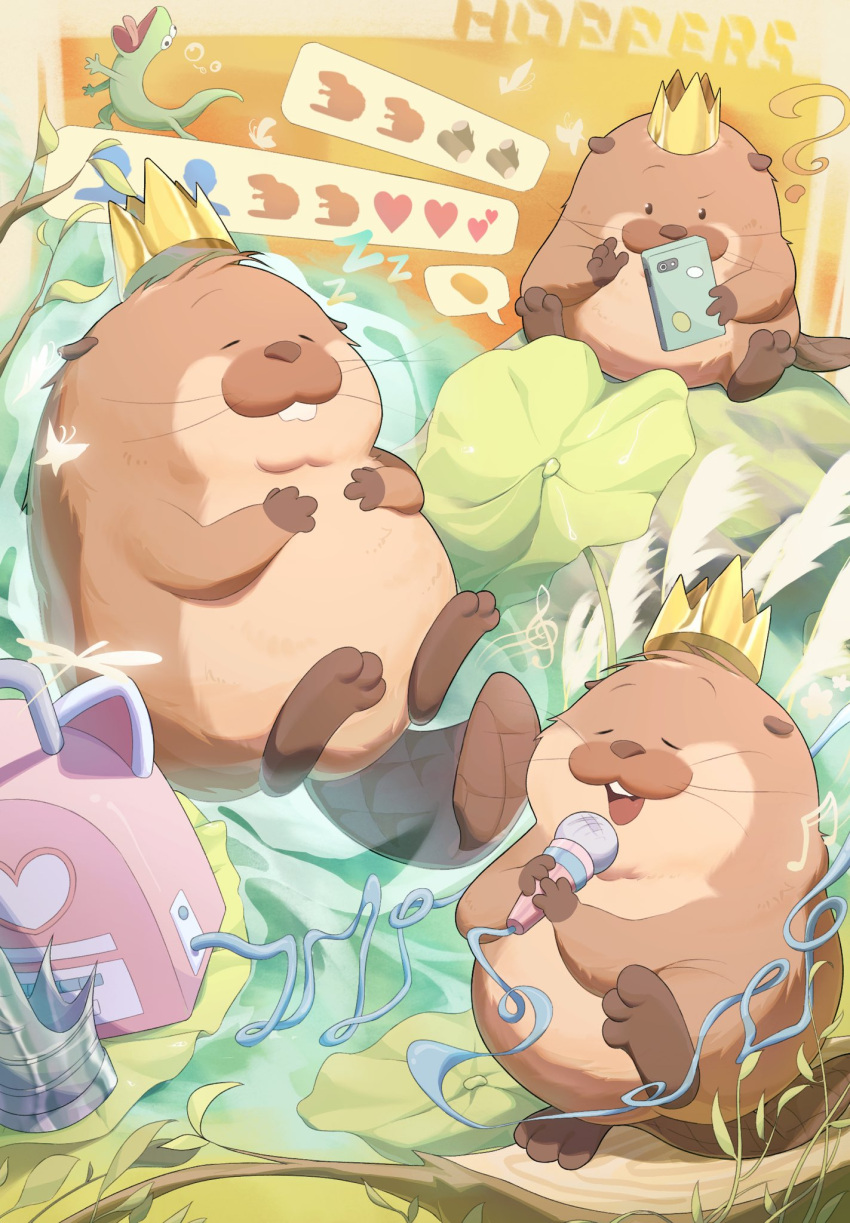 ?, beaver, brown_fur, buck_teeth, captjimmy1218, chinese_commentary, closed_eyes, commentary_request, crown, emoji, highres, holding, holding_microphone, holding_phone, hoppers_(pixar), king_george_(hoppers), lizard, microphone, open_mouth, phone, teeth, text_messaging, tom_the_lizard_(hoppers), tongue, tongue_out, whiskers