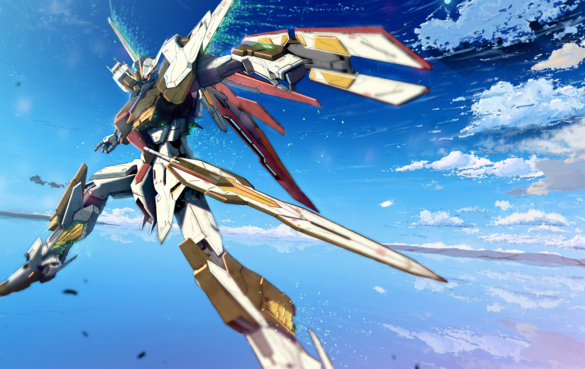 flying, gundam, gundam_seed, gundam_seed_a-star, highres, mecha, mobile_suit_gundam, no_humans, ocean, original, sky, sparkle, starlight_(stack), sword, tsx-08a_a-star, water, weapon