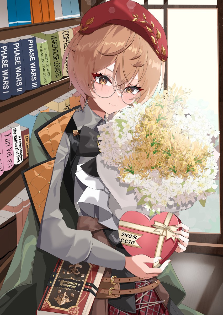 1girl, absurdres, blush, book, bookshelf, bouquet, box, brown_eyes