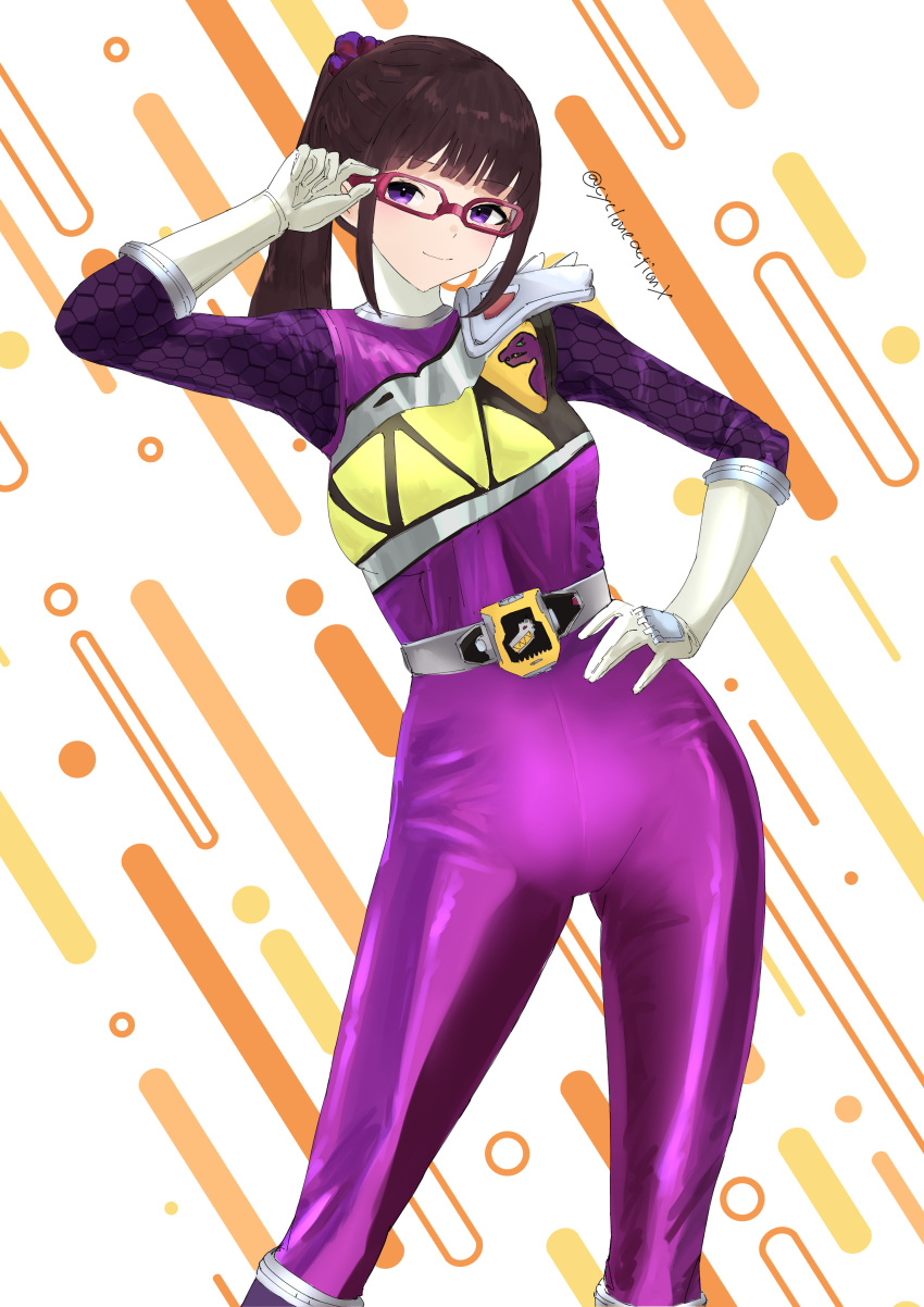 1girl, abstract_background, absurdres, adapted_costume, adjusting_eyewear, animification, belt, belt_buckle