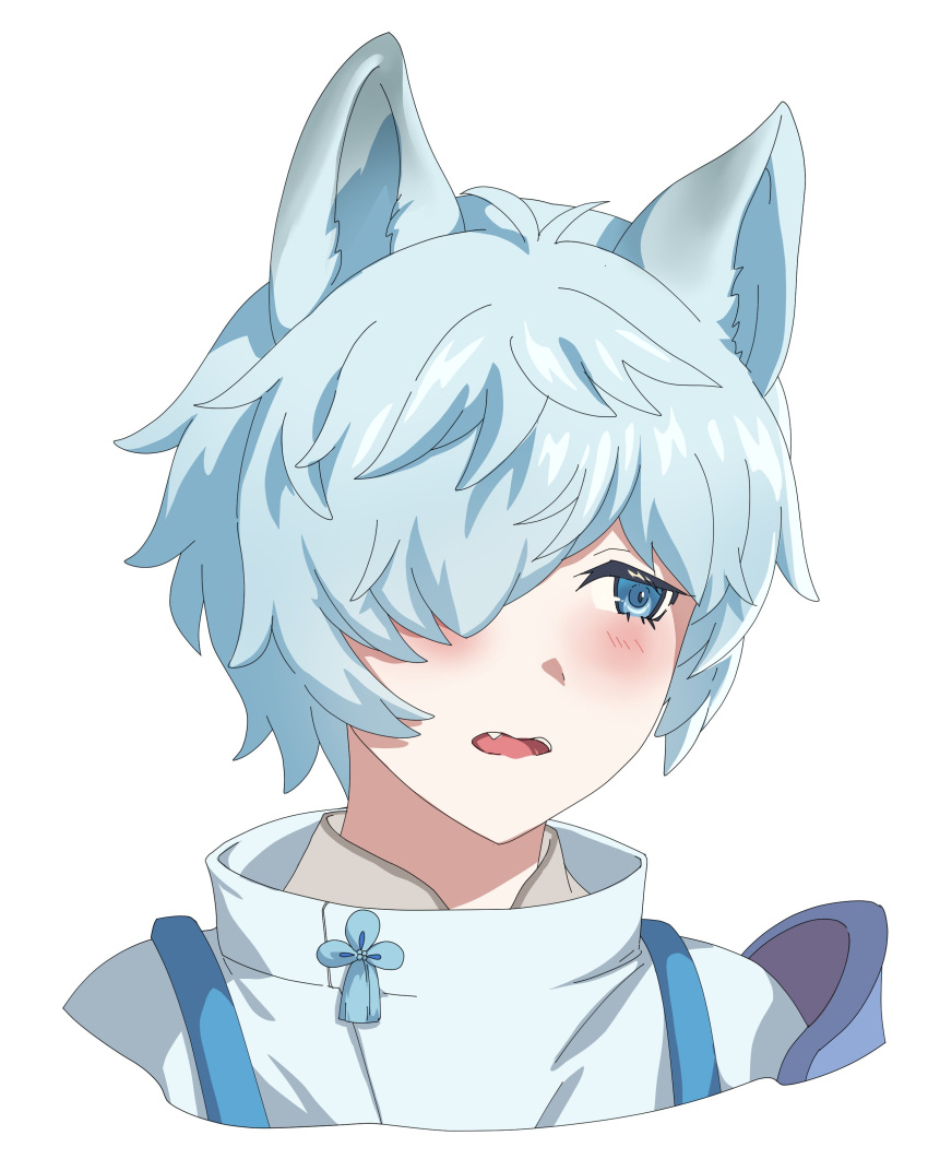 1boy, absurdres, animal_ears, blue_eyes, fubuki_(rune_factory), hair_over_one_eye, highres, japanese_clothes, juni_(pixiv_112342583), looking_at_viewer, male_focus, open_mouth, rune_factory, rune_factory:_guardians_of_azuma, short_hair, solo, wolf_boy, wolf_ears