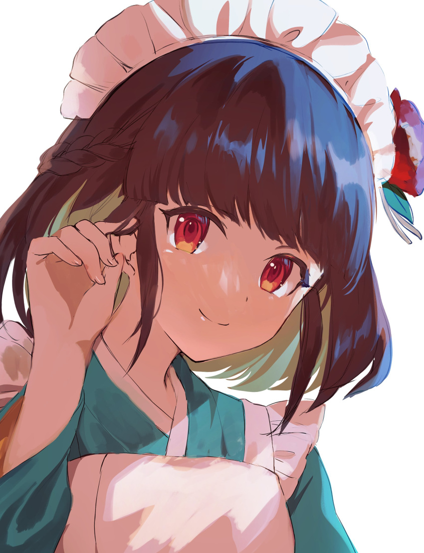 1girl, absurdres, black_hair, colored_inner_hair, flower, green_skirt, hair_flower, hair_ornament