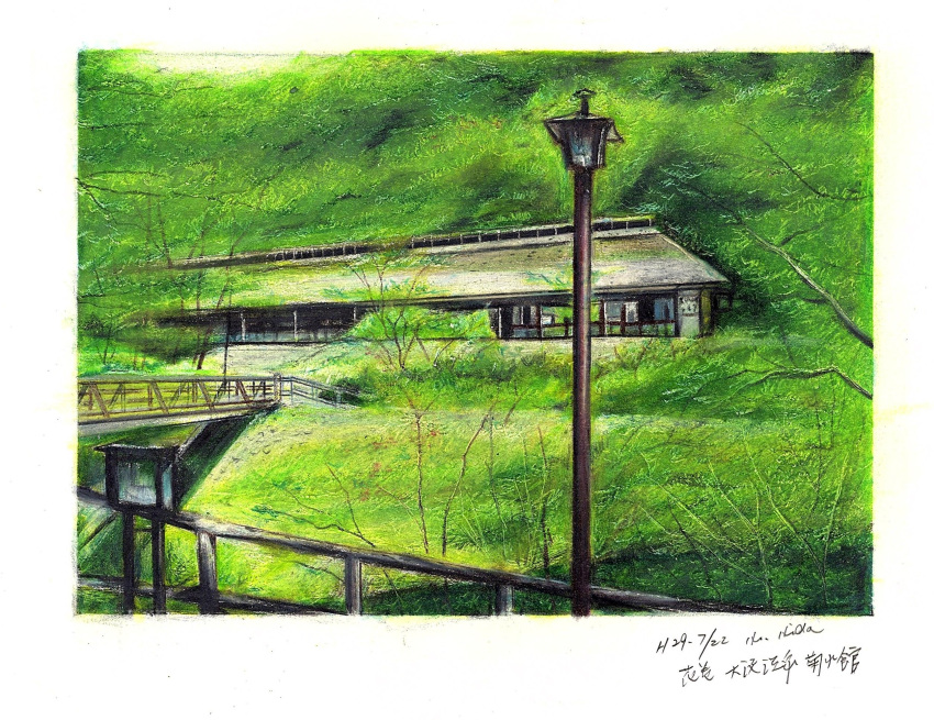 architecture, baden_hiroshi, border, bridge, colored_pencil_(medium), commentary_request, dated, east_asian_architecture