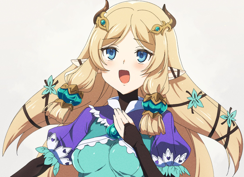 1girl, blonde_hair, blue_eyes, elf, flower, green_flower, hair_vines, highres