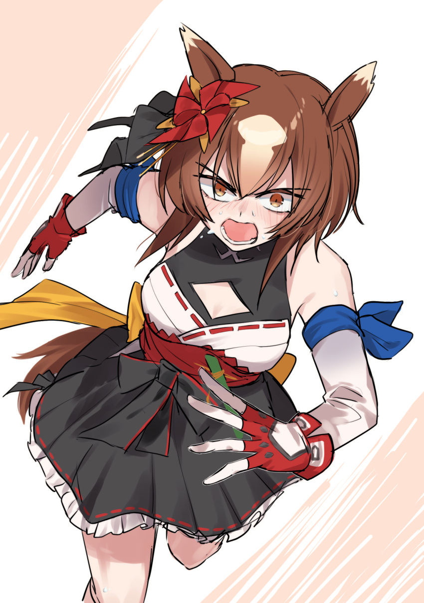 0gawa_gawa, 1girl, animal_ears, black_dress, brown_eyes, brown_hair, commentary, dress, fingerless_gloves, frilled_dress, frills, frown, gloves, hair_ornament, hair_ribbon, highres, horse_ears, horse_girl, japanese_clothes, kimono_dress, layered_gloves, looking_at_viewer, multicolored_hair, open_mouth, pinwheel_hair_ornament, red_gloves, ribbon, running, short_dress, solo, sweat, umamusume, umamusume:_cinderella_gray, yaeno_muteki_(umamusume)