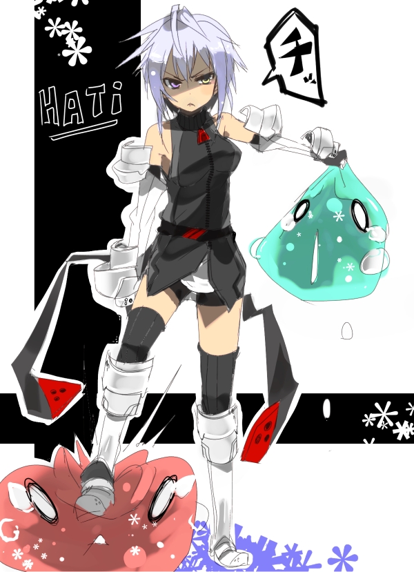 blue_eyes, boots, elbow_gloves, gauntlets, gloves, hati_(shirow), heterochromia, lavender_hair