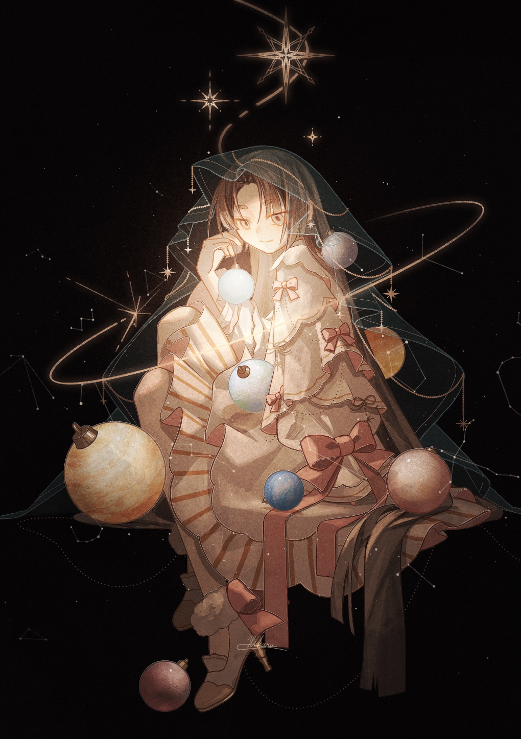 1girl, black_background, bow, brown_eyes, brown_hair, constellation, dress, fantasia_sora