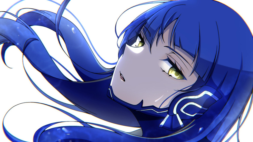 1boy, androgynous, blue_hair, commentary_request, eyelashes, floating_hair, highres, long_hair
