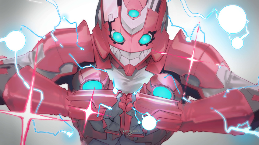 1girl, absurdres, armor, artist_name, clenched_hands, commentary, daichim_lem, electricity