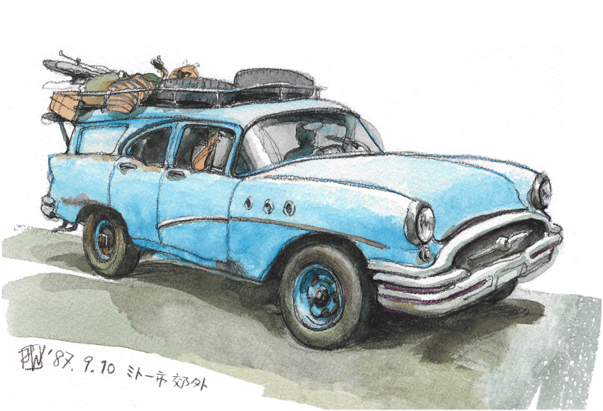 1other, bicycle, car, chevrolet_bel_air, commentary_request, highres, mizminh, motor_vehicle