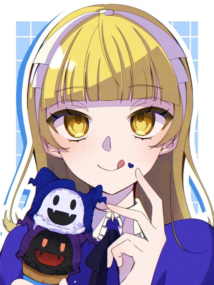 1girl, :q, absurdres, alice_(megami_tensei), black_frost, blonde_hair, blue_background, border