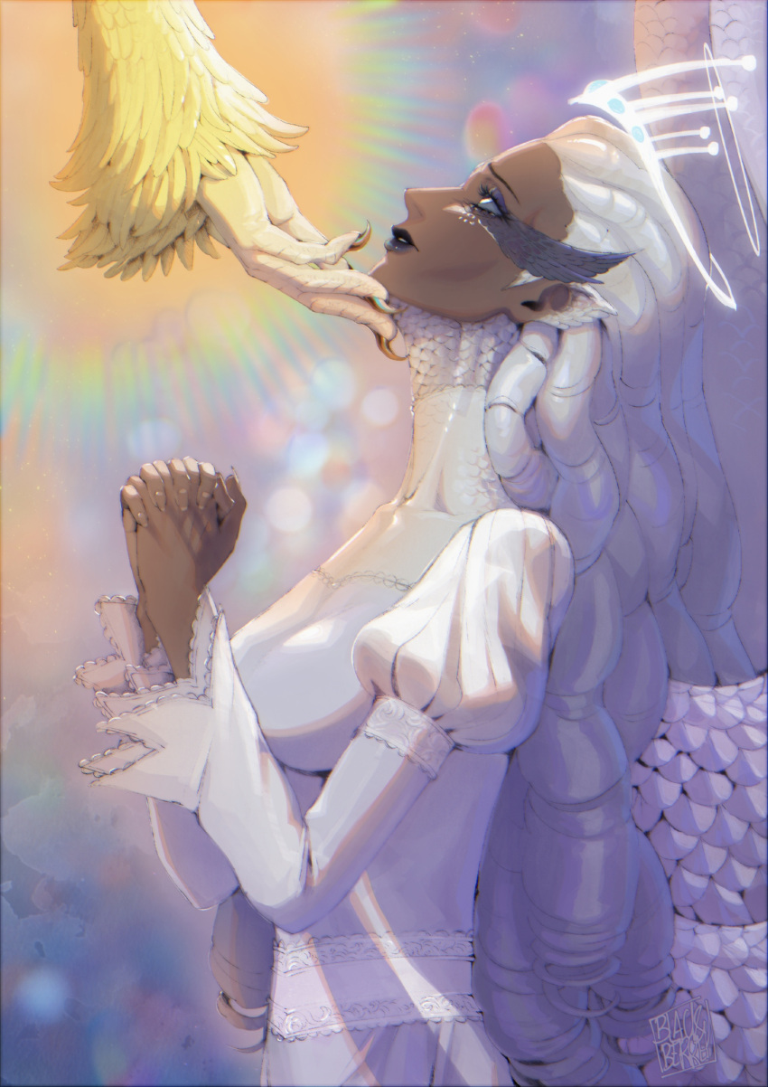 2girls, angel, angel_wings, bird_girl, black_lips, blackberreh-art, breasts, cheekbones, claws, colored_sclera, dark-skinned_female, dark_skin, dress, feathered_eyelashes, fingernails, freckles, french_tips, glowing, glowing_halo, grey_sclera, halo, hazbin_hotel, hellaverse, highres, juliet_sleeves, long_hair, long_sleeves, multiple_girls, puffy_sleeves, ringlets, sera_(hazbin_hotel), speaker_of_god_(hazbin_hotel), very_long_hair, white_dress, white_eyes, white_hair, wings