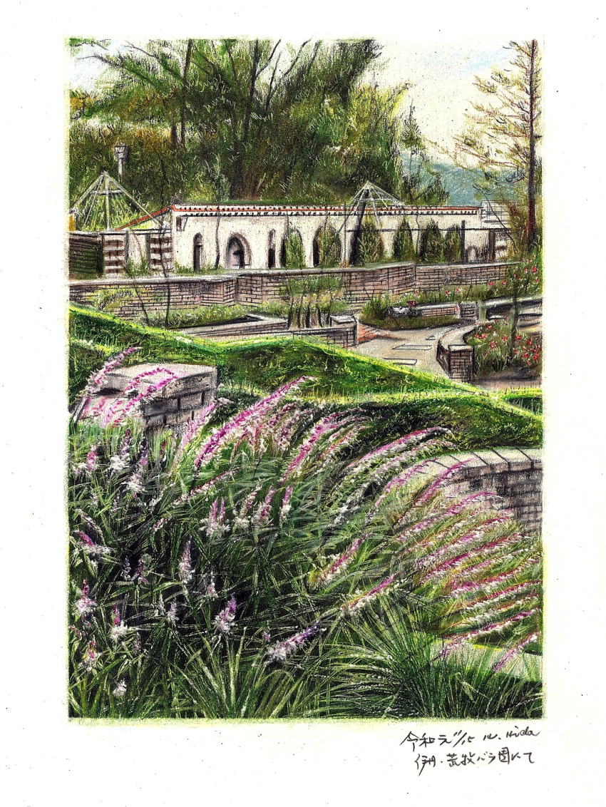 absurdres, aramaki_rose_park, baden_hiroshi, border, bush, colored_pencil_(medium), commentary_request, flower, highres, itami_(city), landscape, no_humans, original, park, sage_(plant), scenery, traditional_media, translation_request, tree, white_border