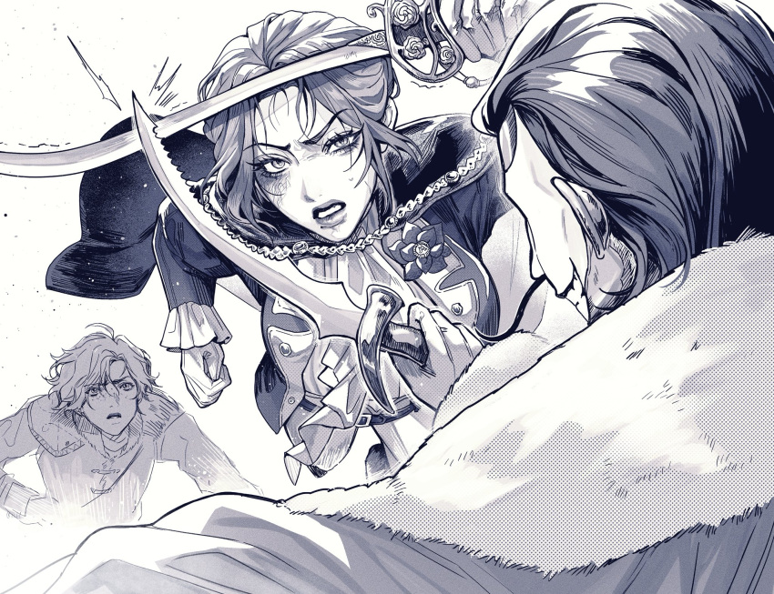 1girl, 2boys, arlecchino_the_blood_artist, cape, commentary, english_commentary, eyelashes, facial_hair