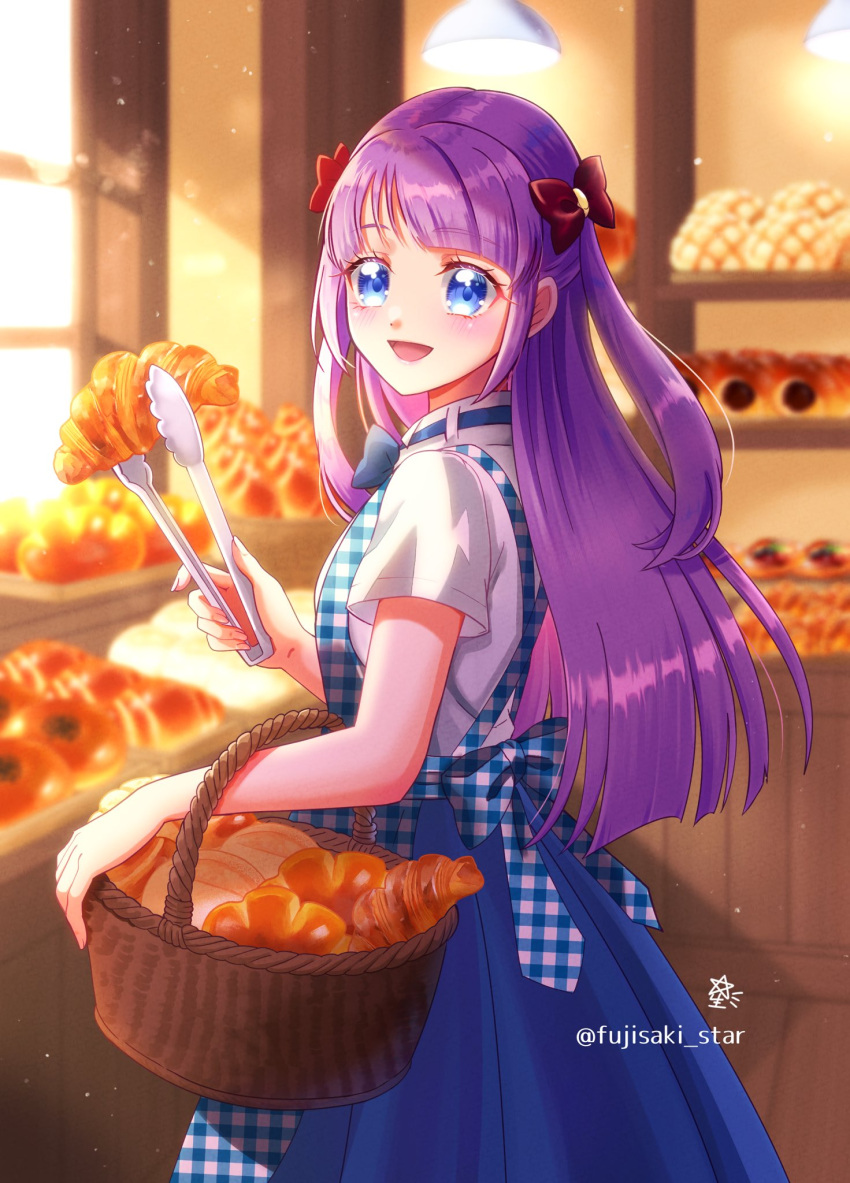 1girl, apron, artist_logo, baguette, bakery, basket, blue_apron, blue_bow
