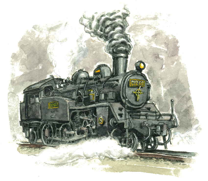 commentary_request, highres, jnr_class_c12_no._c12_66, locomotive, mizminh, no_humans, original, painting_(medium), railroad_tracks, smoke, steam_locomotive, traditional_media, train, vehicle_focus, watercolor_(medium)