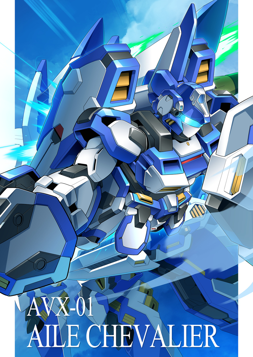 aile_chevalier_(mecha), assault_visor, blue_sky, flying, full_body, gamiani_zero, highres, mecha