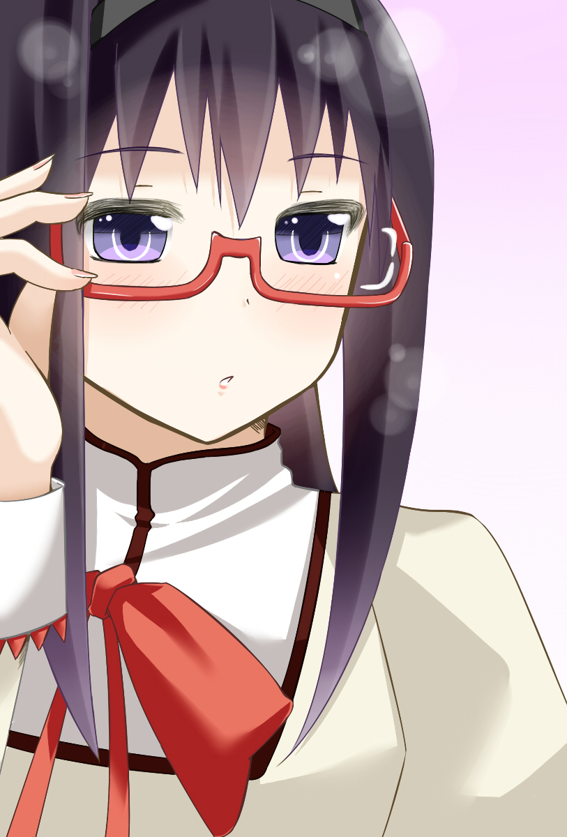 :o, akemi_homura, bad_id, black_hair, blush, bust, close-up, face, fingernails, glasses, highres, lipstick, mahou_shoujo_madoka_magica, makeup, purple_eyes, red-framed_glasses, sanzensai_michiru, school_uniform, solo, violet_eyes