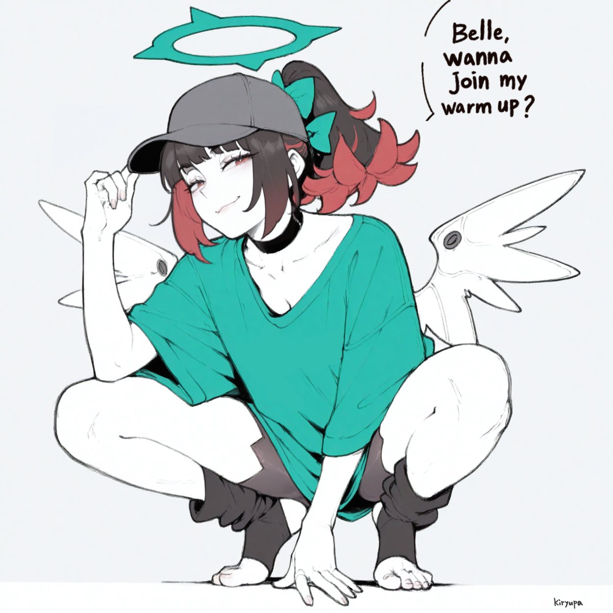 black_hair, bow, english_text, green_bow, green_halo, green_shirt, hair_bow, halo