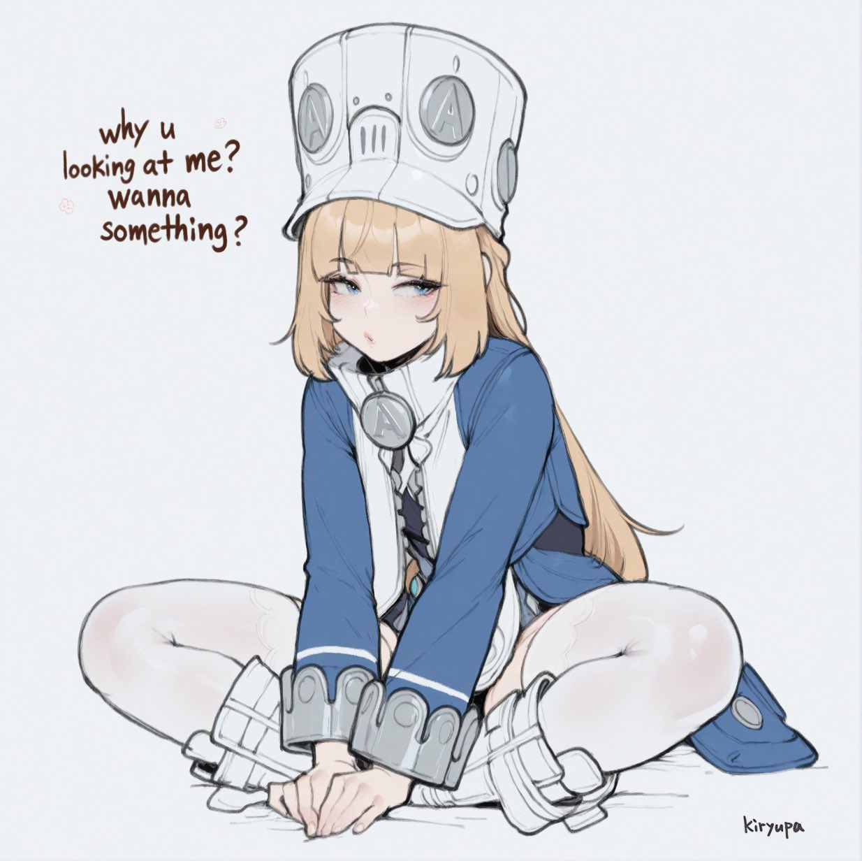 1girl, blonde_hair, blue_eyes, blue_jacket, blush, closed_mouth, english_text, gloves