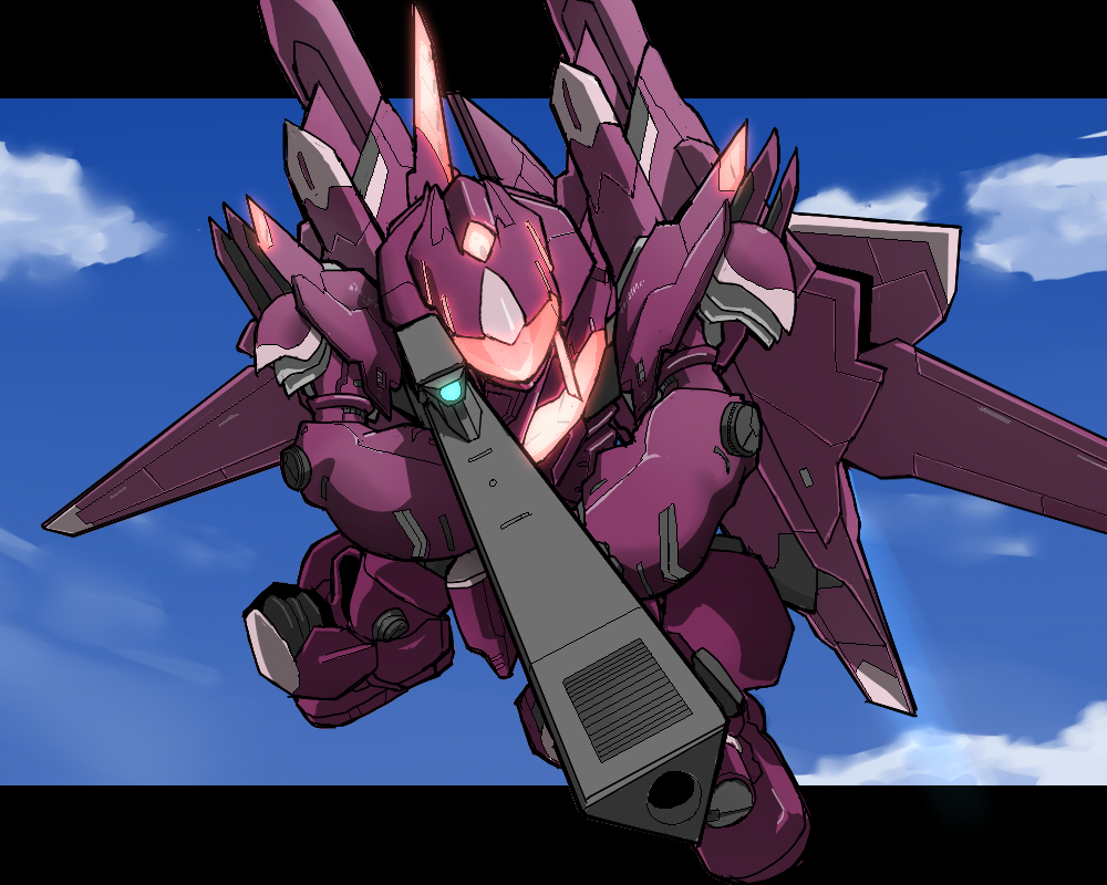 7no2gou, anti-materiel_rifle, assault_rifle, assault_visor, blue_sky, flying, glowing, gun
